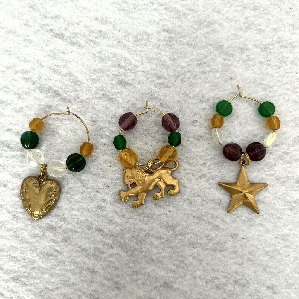 Gold Tone Wine Glass Charms Set of 3 Beaded Star Heart Lion Mardi Gras Party